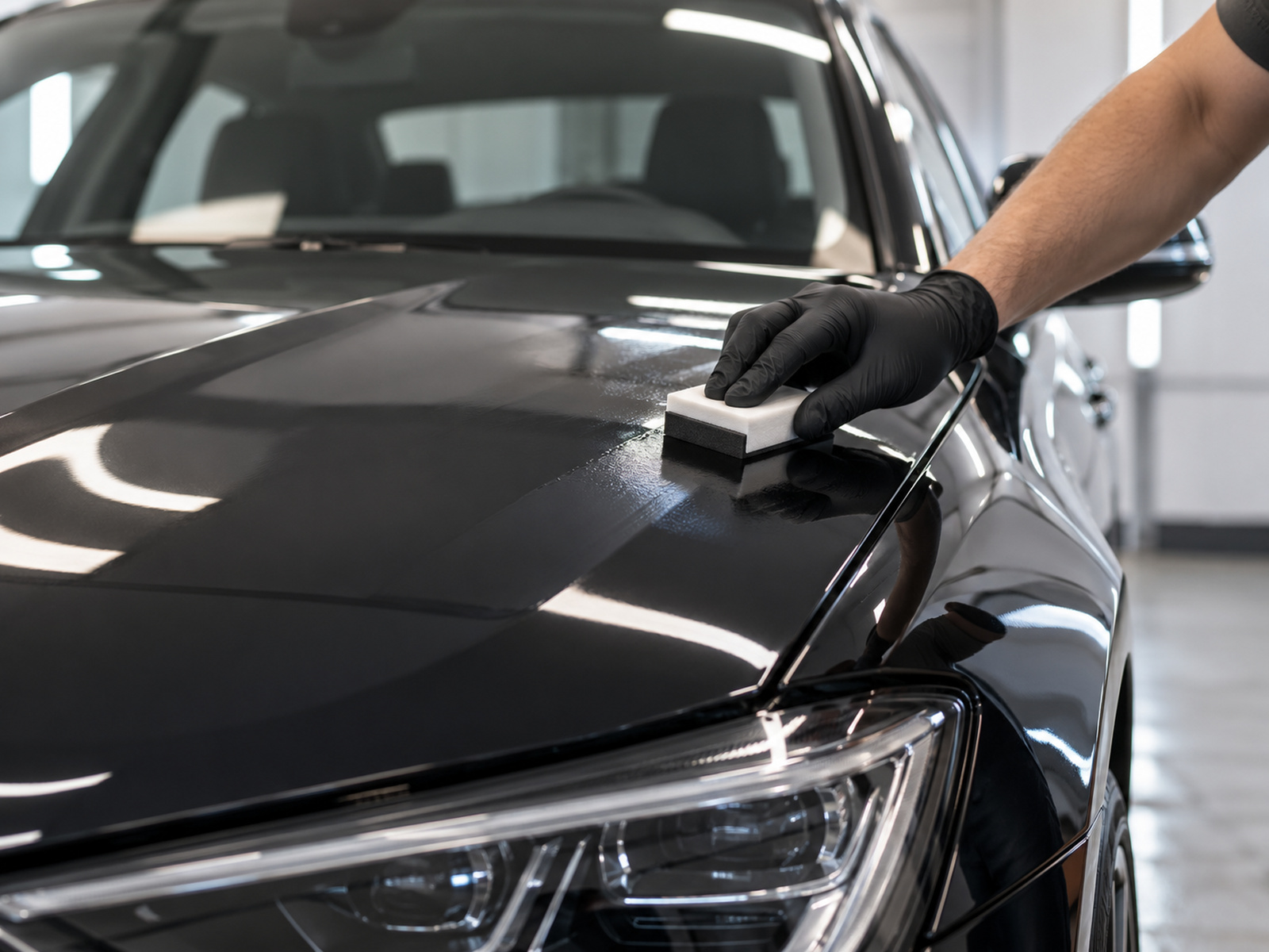 Applying ceramic coating with an applicator pad on glossy paint, close-up