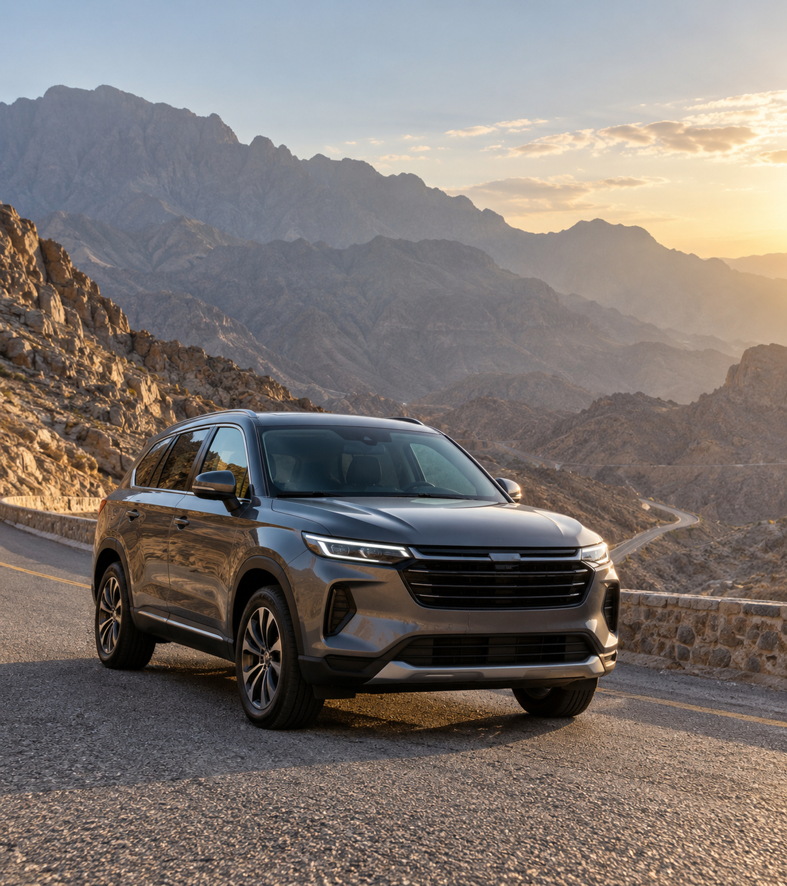 Clean car on a mountain road near Ras Al Khaimah, Hajar mountains behind, generic unbranded car, no logo, no plate
